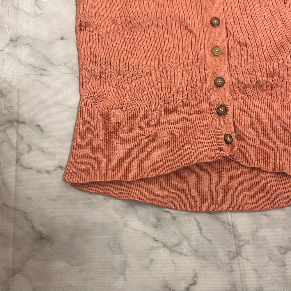 55% Linen 45% Cotton Brown Toned Pink Button Sleeveless Ribbed Vest XS - Picture 6 of 12